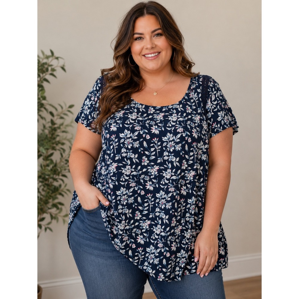 Skies Are Blue‎ Women XL Navy Floral Crochet Shoulder Short Sleeve Blouse NWT